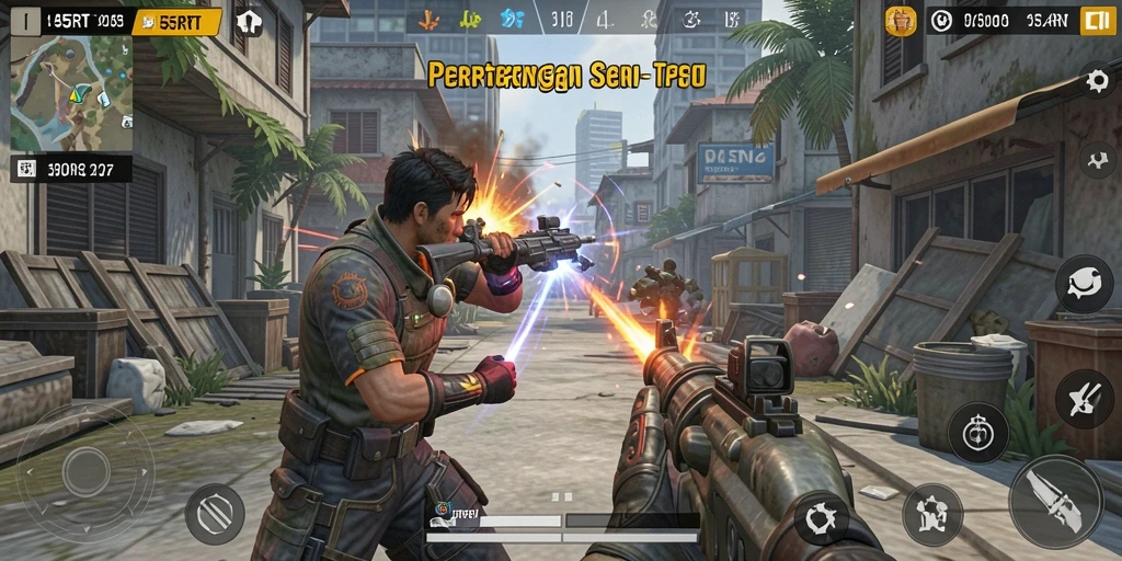 Tangkapan layar gameplay 55RT menampilkan pertempuran intens dalam TPS.