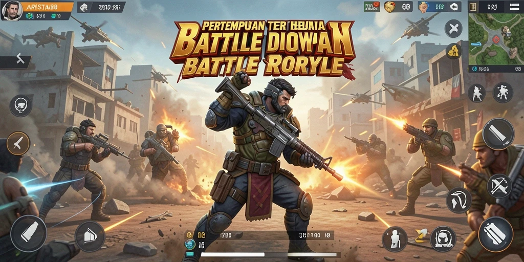 Screenshot gameplay ARISTA88 menampilkan aksi pertempuran seru di medan Battle Royale.