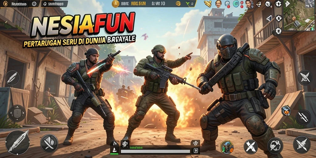 Screenshot gameplay NESIAFUN menampilkan pertempuran seru di arena Battle Royale.