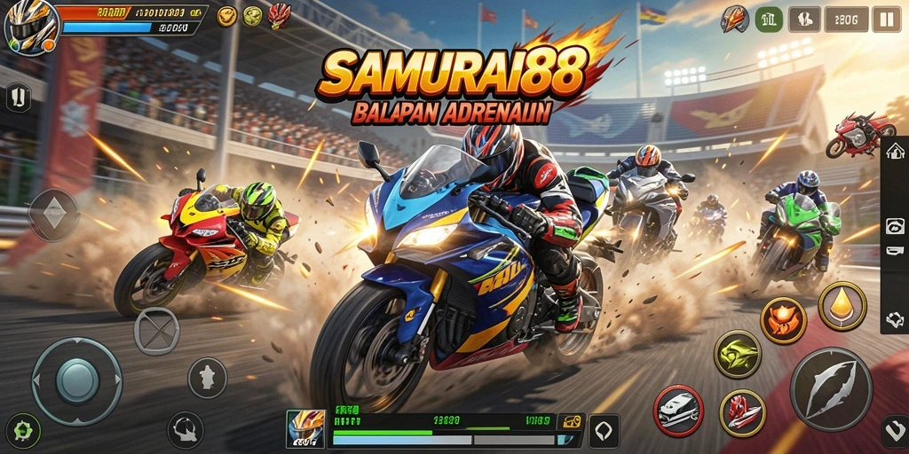 Tampak aksi balapan seru dalam SAMURAI88 dengan sepeda motor yang melaju kencang.