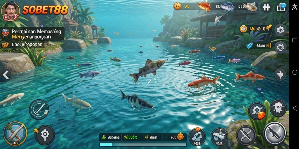 Screenshot gameplay SOBET88 menampilkan aksi menangkap ikan yang seru.